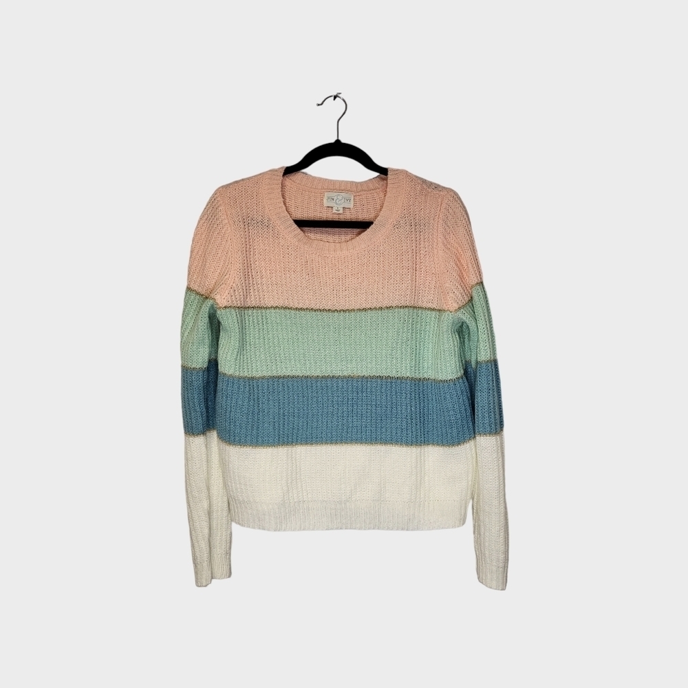 JUN & IVY Colorful Knit Sweater Round Neck Size Small Soft Pink Blue Colorful